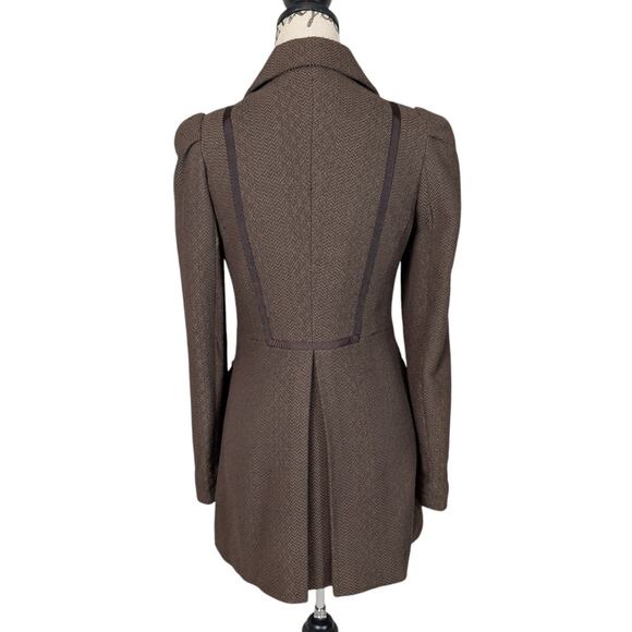 Jack Puff Shoulder Poetcore Coat Jacket Herringbone Tweed Brown Small - Picture 2 of 16